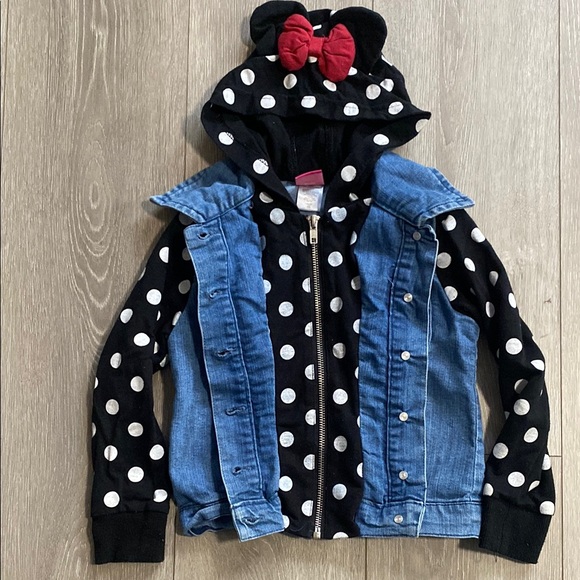 Disney Minnie Polka Dot Kids Jean Jacket Embroidered Mouse Ears Hooded Bow Coat - Picture 4 of 6